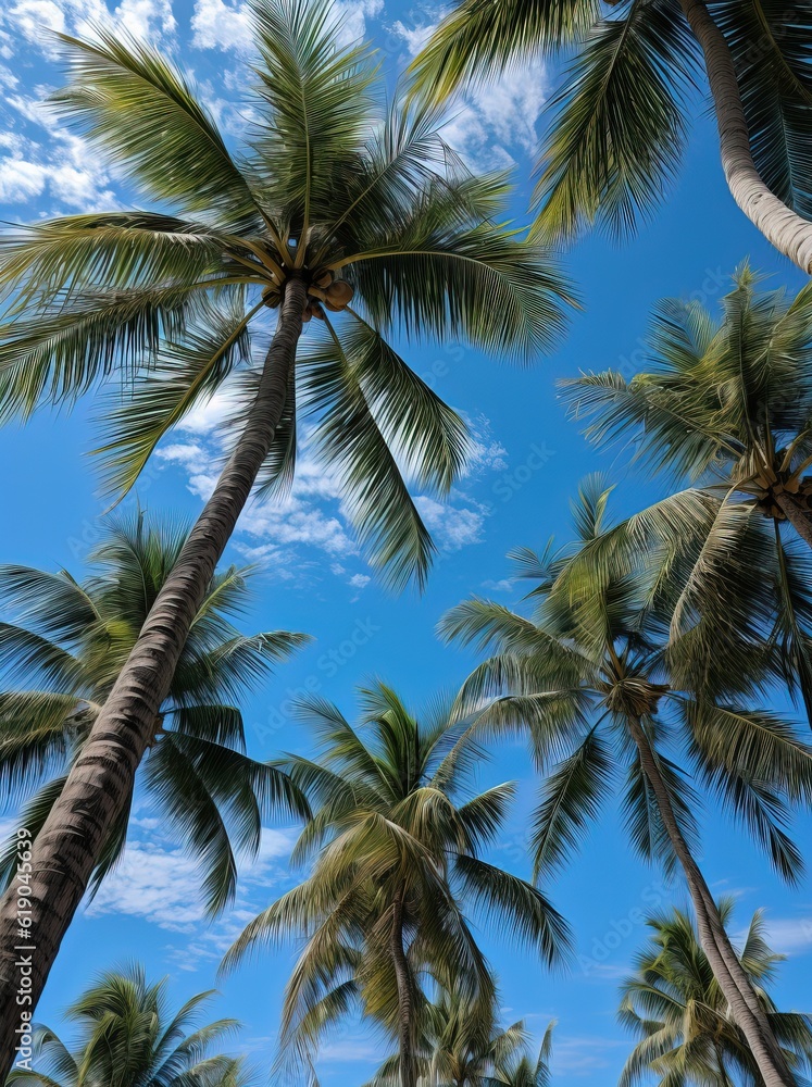 Obraz premium Palmiers tropicaux sur fond de ciel bleu, IA générative, Générative, IA
