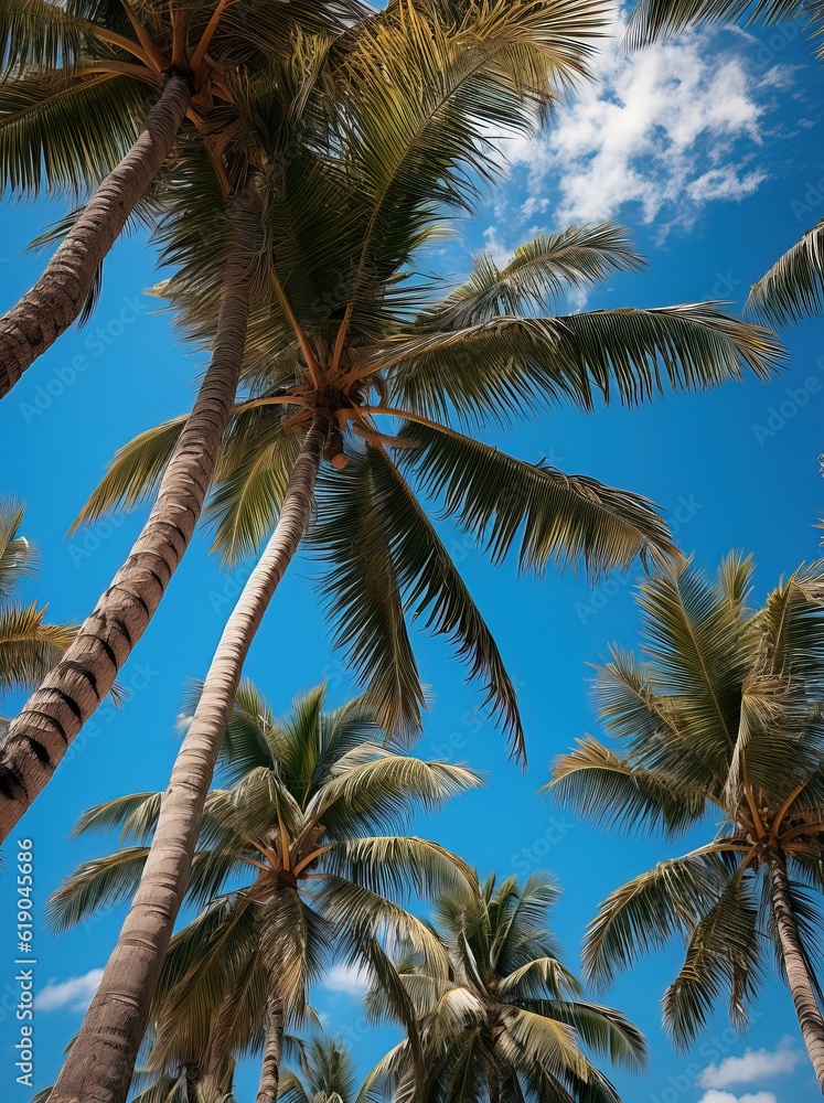 Obraz premium Palmiers tropicaux sur fond de ciel bleu, IA générative, Générative, IA