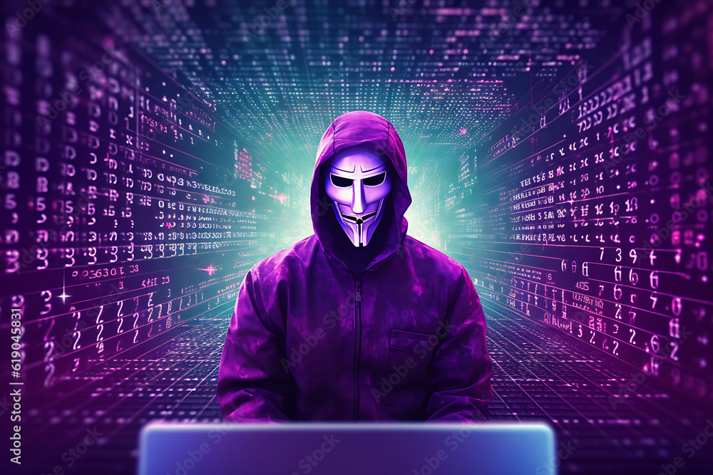 Cybercriminal hacker in the hood with an Anonymous mask using a laptop for cyber attack, purple binary code matrix background, Generative AI Cybercriminal hacker in the hood with an Anonymous mask using a laptop for cyber attack, purple binary code matrix background, Generative AI