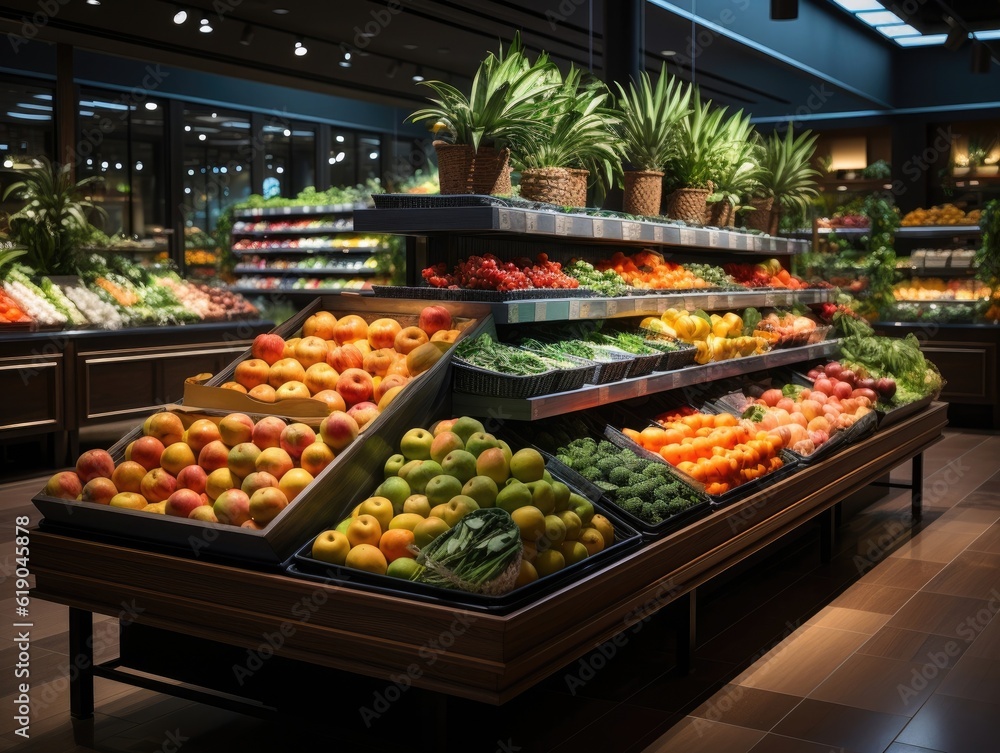 The interior of a supermarket filled with fruit and vegetable on the shelf, decorated with plants and light from bulbs. Generative AI