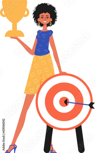 The girl holds the achiever 's cup in his handwrite. Trendy style, Vector Illustration