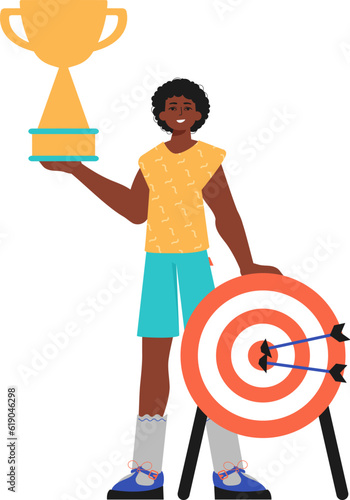 The derision holds the achiever 's cup in his template. Trendy style, Vector Illustration