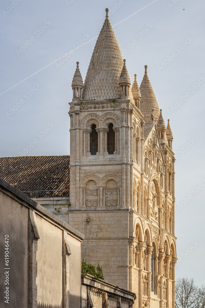 Angouleme cathedral side view, 12th century Romanesque style with a sculpted facade