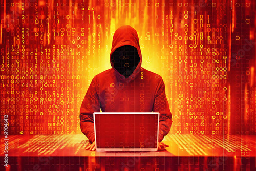 Anonymous red hooded cyberhacker using laptop concept of a cyberattack on red binary code matrix background, Generative Ai  photo