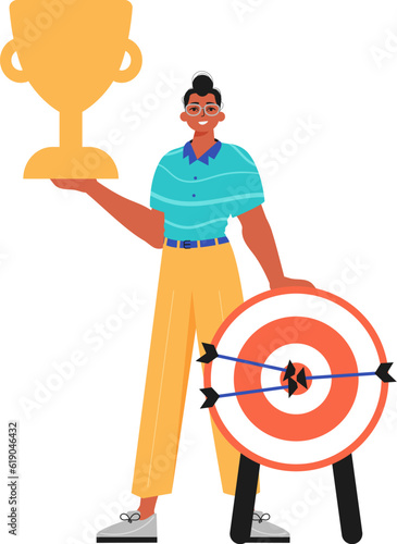 The derision holds the achiever 's cup in his template. Trendy style, Vector Illustration