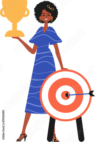 The girlfriend holds the achiever 's cup in his handwrite. Trendy style, Vector Illustration