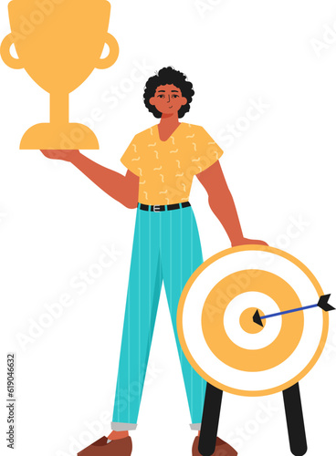 The derision holds the achiever 's cup in his template. Trendy style, Vector Illustration