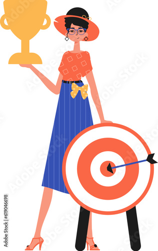 The girlfriend holds the achiever 's cup in his handwrite. Trendy style, Vector Illustration