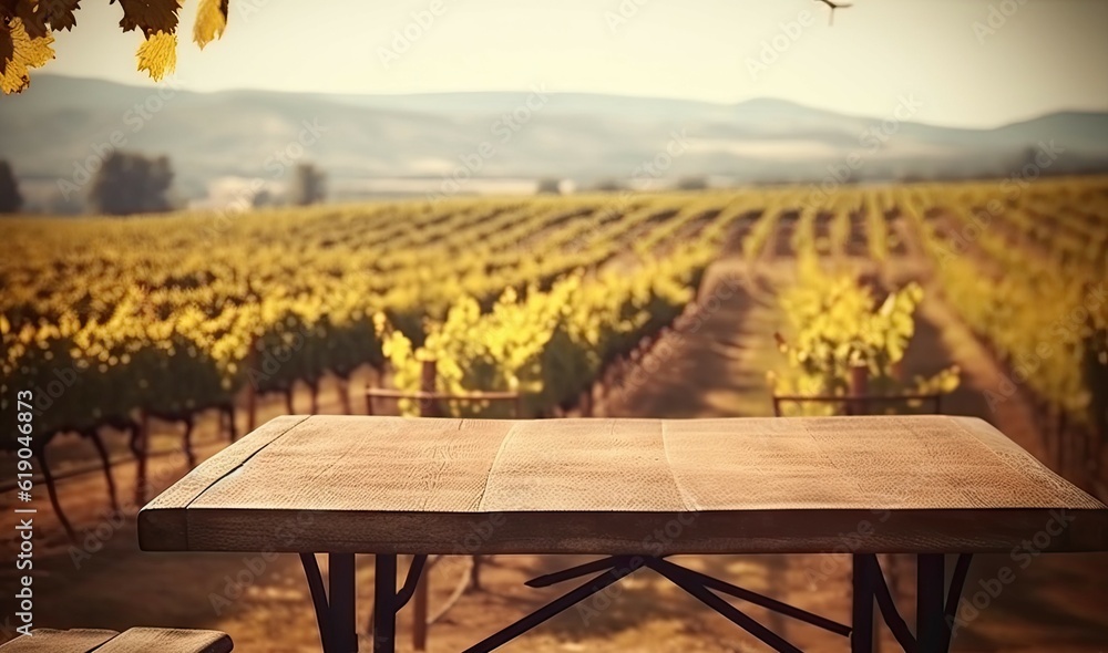Wooden Table for Product Display in Grape Farm, Autumn with Blurred Background Generative AI illustrations
