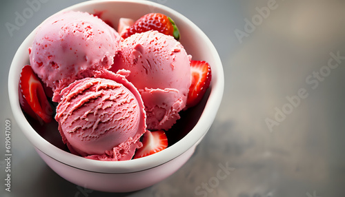 strawberry ice cream in a bowl, cream, dessert, ice cream, ice, food,  (AI generative)