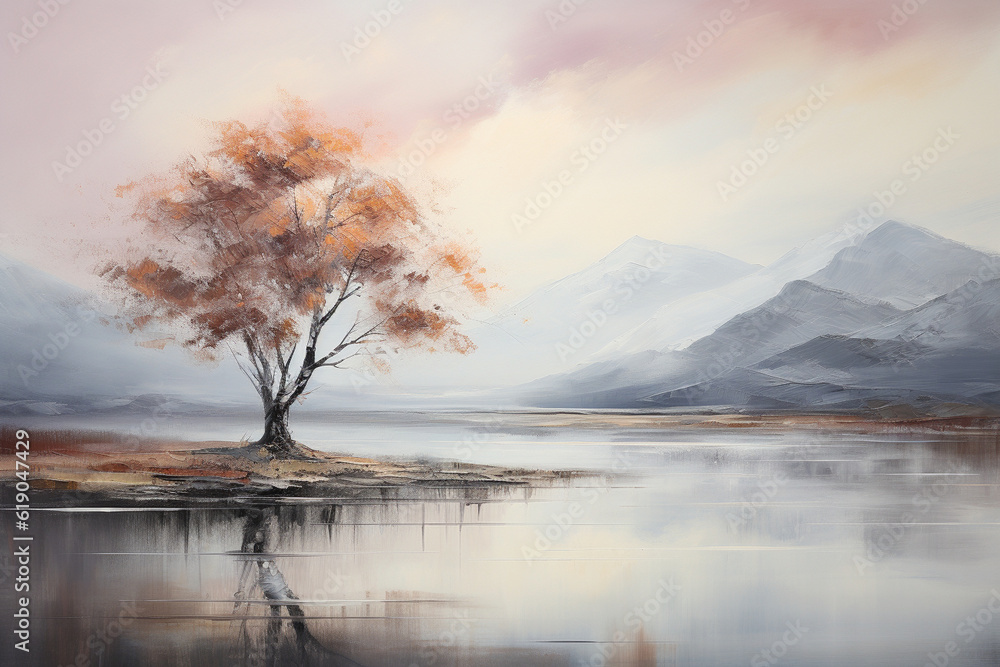 An abstract representation of a serene landscape, with soft, flowing brushstrokes creating a tranquil atmosphere and evoking a sense of peacefulness. Generative AI