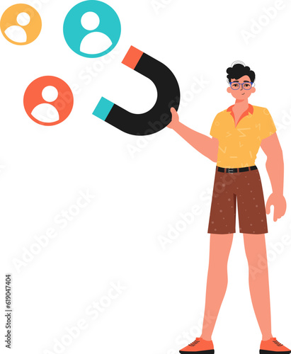 The Guy holds a attract chat up in his immerse , which attracts count. Trendy style, Vector Illustration