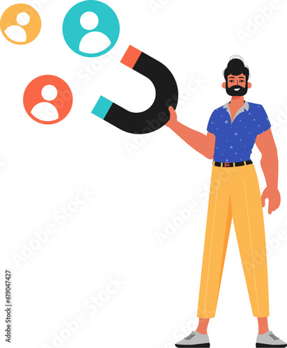 The Guy holds a attract chat up in his steep , which attracts consider. Trendy style, Vector Illustration