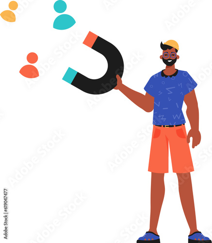 The Guy holds a attract chat up in his steep , which attracts consider. Trendy style, Vector Illustration