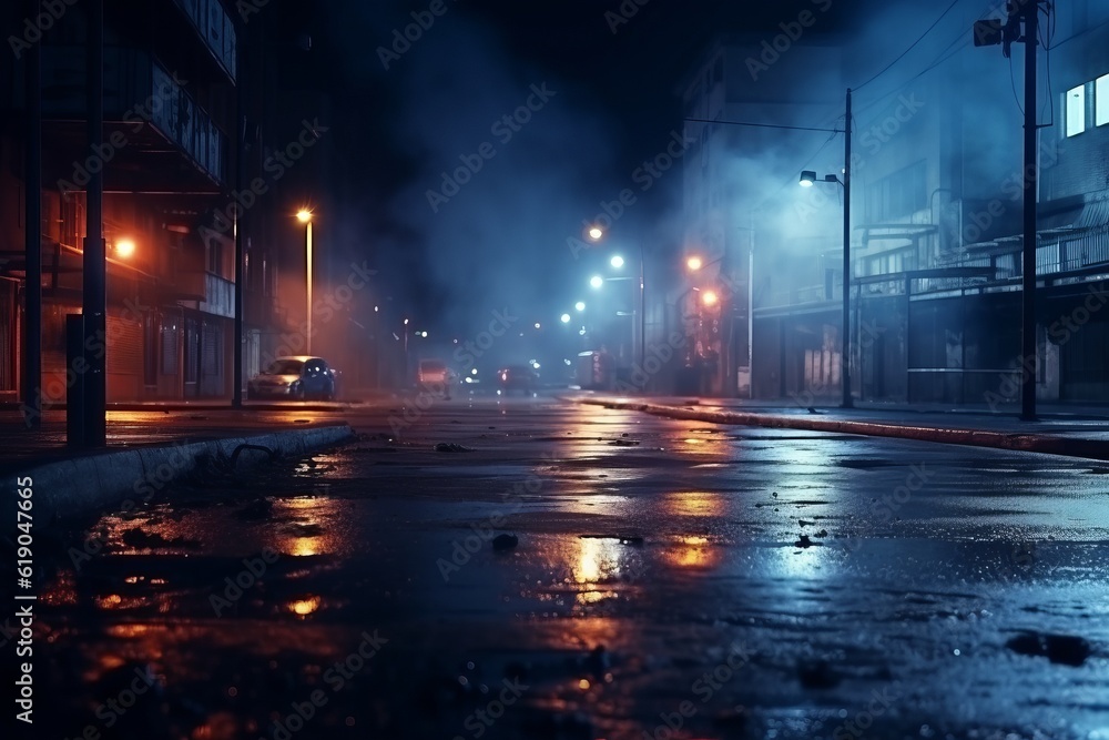 Dark urban night Abstract light reflections on wet asphalt, neon lights, searchlight, and smoke in an empty street AI Generated