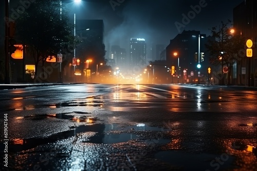 Dark urban night Abstract light reflections on wet asphalt  neon lights  searchlight  and smoke in an empty street AI Generated
