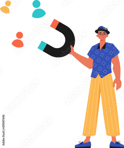 The Guy holds a attract chat up in his steep , which attracts consider. Trendy style, Vector Illustration