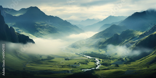 Foggy mountain landscape with a river in the valley at dawn. created with generative AI technology. © hakule