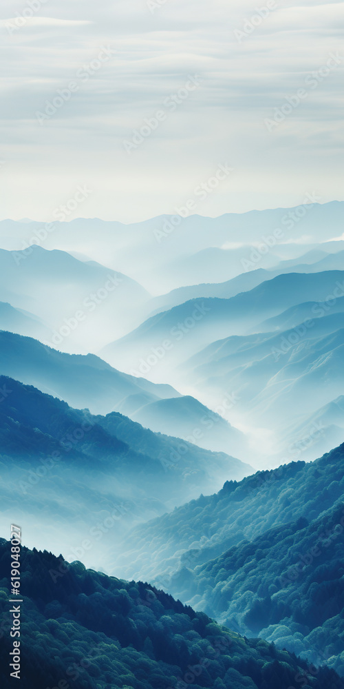 Mountain landscape with fog in the morning. Beautiful natural background. created with generative AI technology.