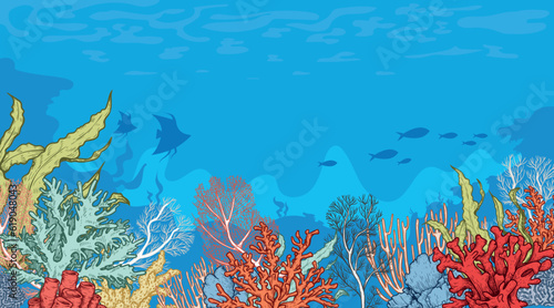 Marine Sea Life background. Ocean and underwater world with different inhabitants. Hand drawn sketch elements. Best for print, user interface, card, poster. Vector illustration.