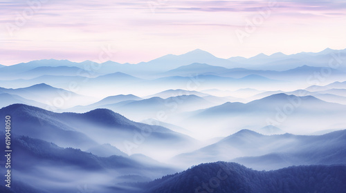 Foggy landscape with mountains and blue sky. created with generative AI technology. © hakule