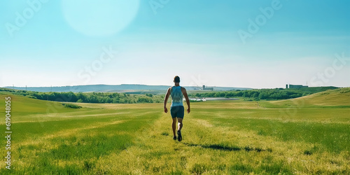 Man running on grass field. Male jogging workout concept. Generative AI