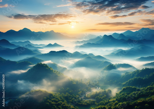 Mountain landscape at sunrise. Colorful natural scenery with fog in the valley. created with generative AI technology.