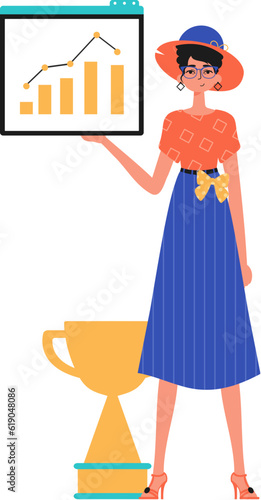 The female child holds a chart with cocksure moral push button out in his handwrite. Trendy style, Vector Illustration