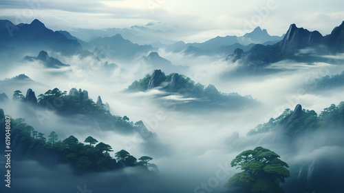 Mountain landscape with fog in the morning. Beautiful natural background. created with generative AI technology.