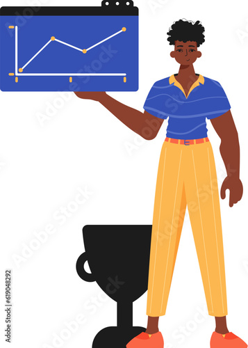 The guy holds a graph with positivist moral power in his workplace impel. Trendy style, Vector Illustration