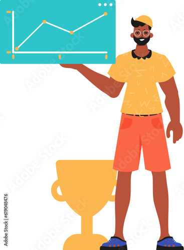 The guy holds a graph with positivist moral exponent in his workplace impel. Trendy style, Vector Illustration