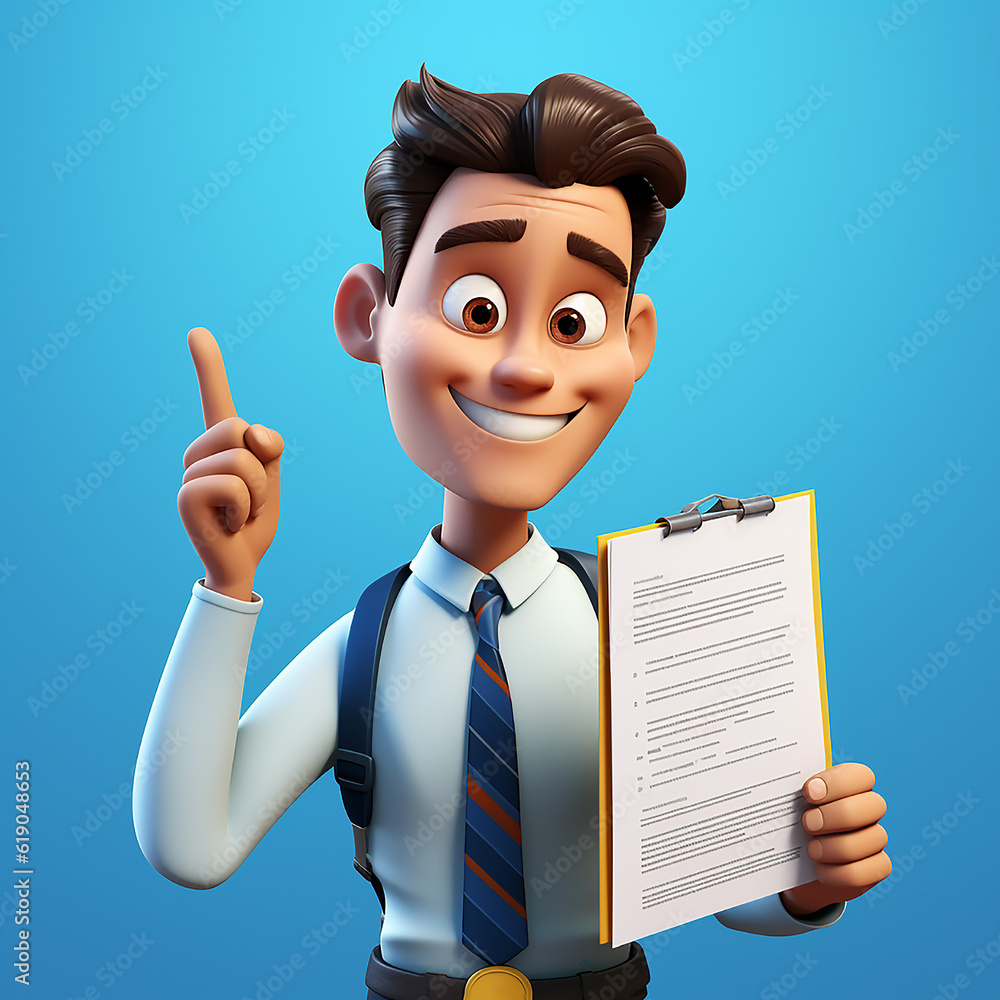 3d Cartoon young caucasian man holds clipboard with blank paper, contract concept, generative AI tools 3d Cartoon young caucasian man holds clipboard with blank paper, contract concept, generative AI tools