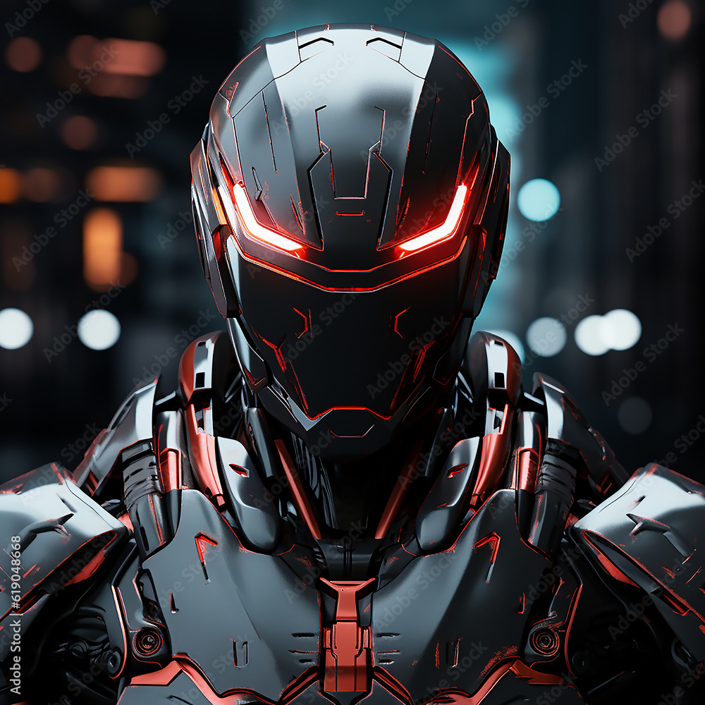 3d Head of cyborg with red luminous eyes. Robot with artificial intelligence. Futuristic soldier concept, generative AI tools 3d Head of cyborg with red luminous eyes. Robot with artificial intelligence. Futuristic soldier concept, generative AI tools