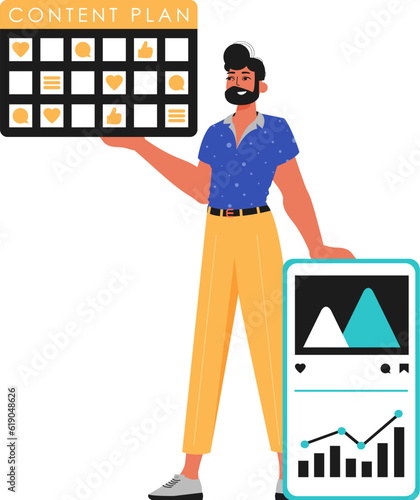 The ridicule is holding a content invention in his hand. Trendy style, Vector Illustration