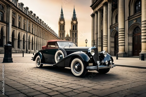 A classic sports car parked in front of a historic landmark, with ornate architecture and a sense of heritage. © Muhammad