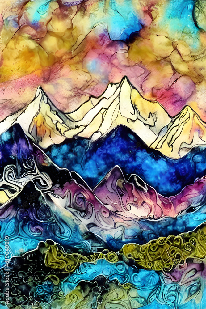 Abstract painting of mountains. (AI-generated fictional illustration)