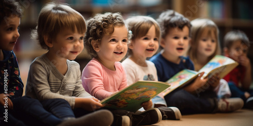 Foto Kinder im Kindergarten haben Spaß und sind interessiert an Lesestunde, ai genera
