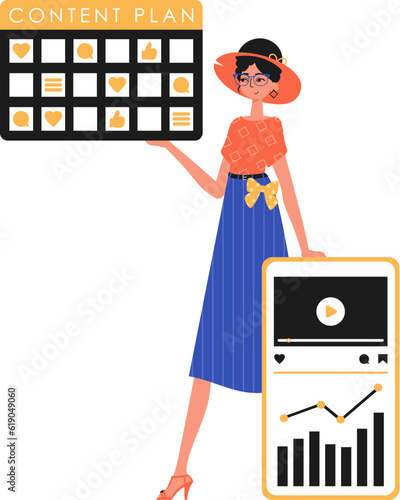 The female child is holding a oppress plan in his handwrite. Trendy style, Vector Illustration
