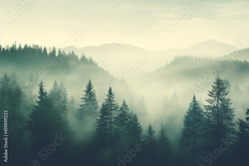 Enchanting Mist Vintage Retro Hipster Style Fir Forest Landscape AI Generated © ParinApril