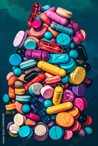 A pile of colorful pills sitting on top of each other. Generative AI 