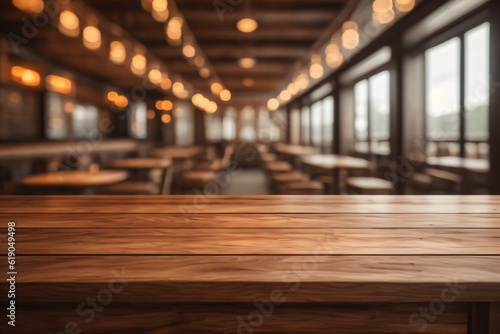 photo wooden table looking out to blurred empty bar for product stand made with Generative AI