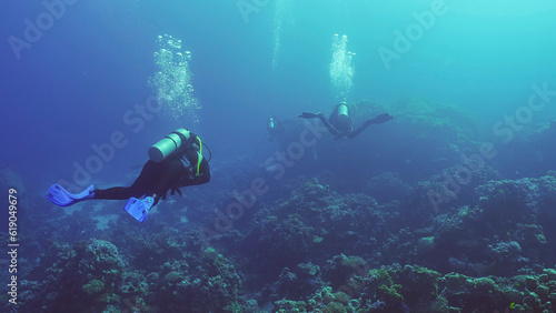 Group of scuba divers swims in the deep next to coral reef in bright sunny day, , Backlighting (Contre-jour), Back view, Red sea, Safaga, Egypt