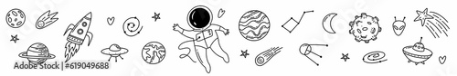Photo Horizontal illustration a set of space objects and symbols drawn by hand in the