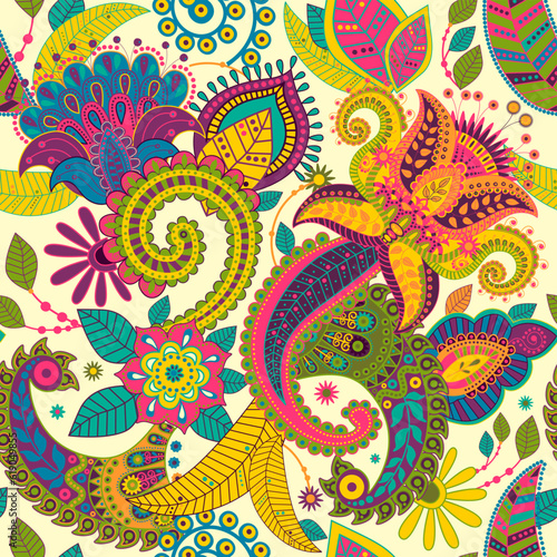 Bright colorful flowers design. Decorative flowers, paisley, plants wallpaper. Stylized big flowers print. Vector Indian textile, fabric. Decorative nature background. Summer batik