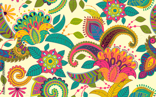 Bright colorful flowers design. Decorative flowers, paisley, plants wallpaper. Stylized big flowers print. Vector Indian textile, fabric. Decorative nature background. Summer batik