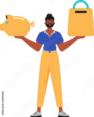 The Guy holds a piggy bank and a workshop basket in his hired handwrite. Trendy style, Vector Illustration