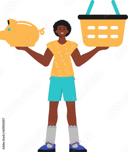 The Guy holds a piggy deposit and a workshop basket in his hired handwrite. Trendy style, Vector Illustration