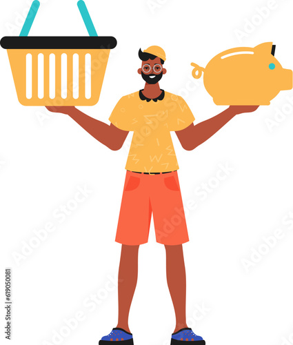 The Guy holds a piglet deposit and a workshop basket in his hired handwrite. Trendy style, Vector Illustration