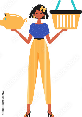 The girlfriend holds a piggy bank and a shopping basket in his hand. Trendy style, Vector Illustration