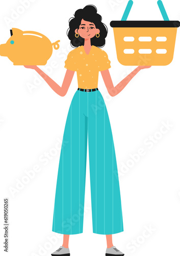 The girlfriend holds a piggy bank and a shopping basket in his hand. Trendy style, Vector Illustration